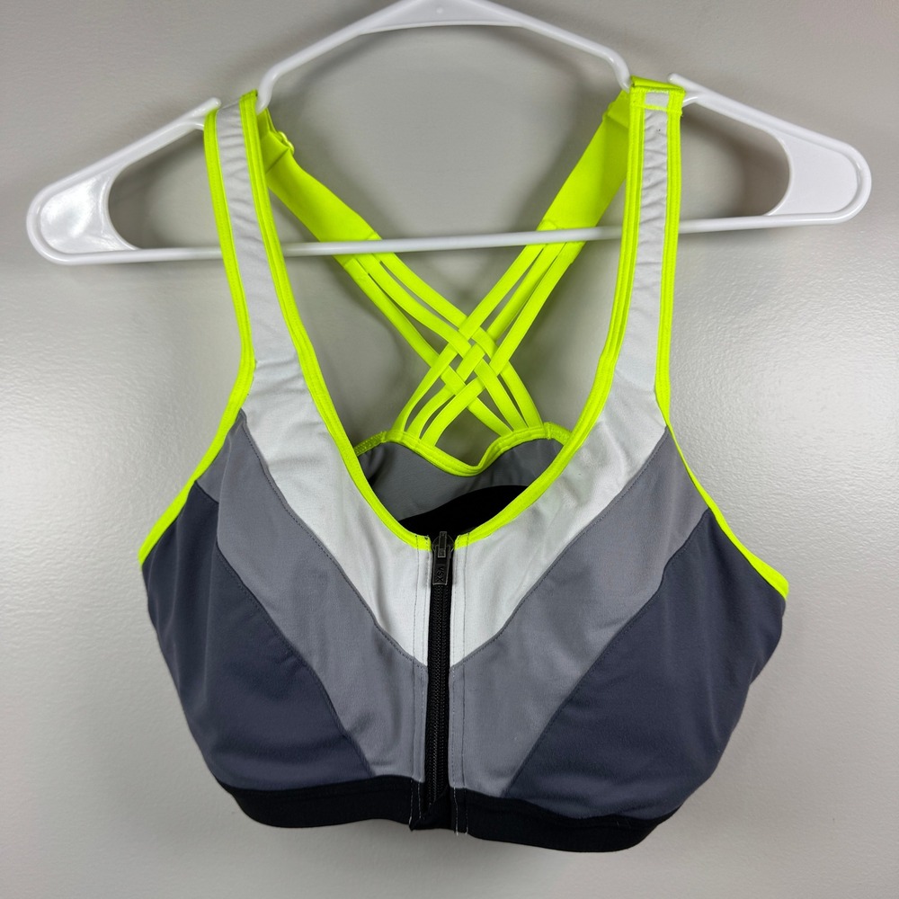 Victorias Secret VSX Sport Bra 36B Grey Neon‎ Yellow Front Zip Underwire Support